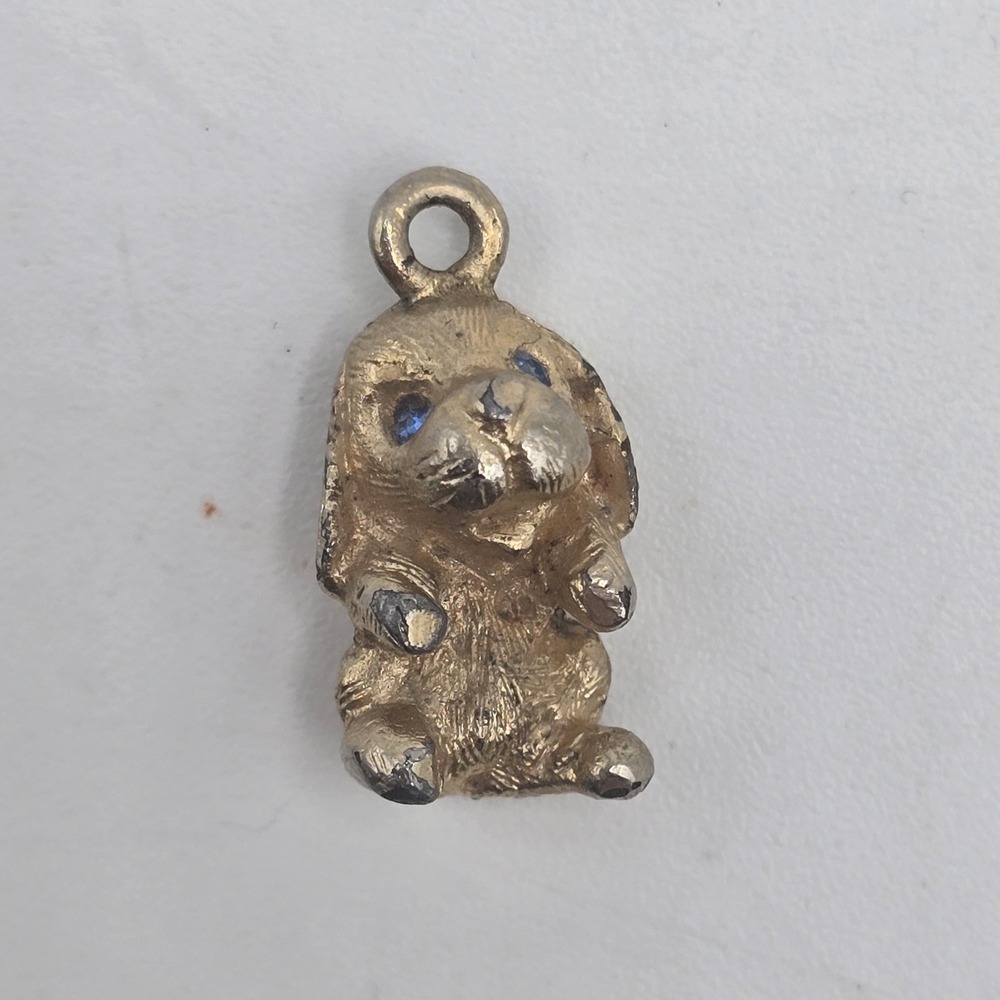Vtg Sitting Puppy Dog w/ Blue Gem Rhinestone Eyes Goldtone Charm Pendant